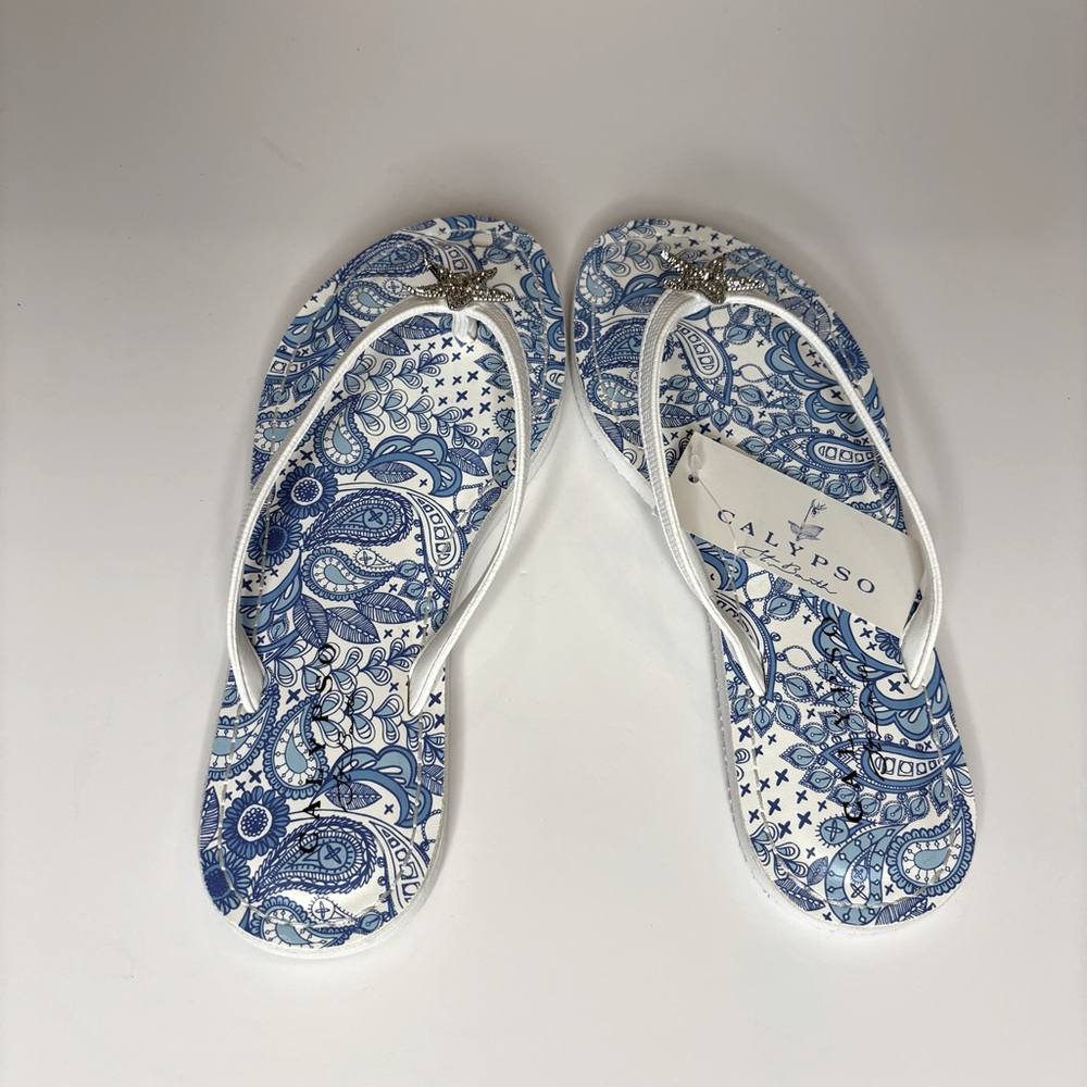 NWT CALYPSO ST. BARTH MARINER FLIP FLOPS SANDALS W STAR RHINESTONES.Blue/White 7